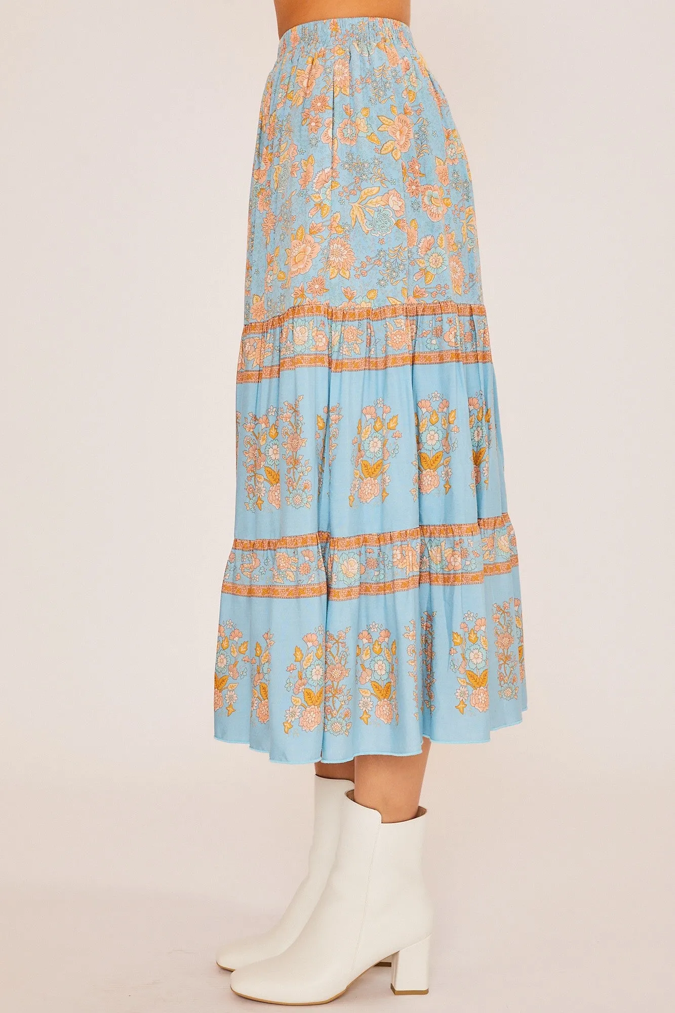 Sandra Boho Floral Maxi Skirt Dusty Blue