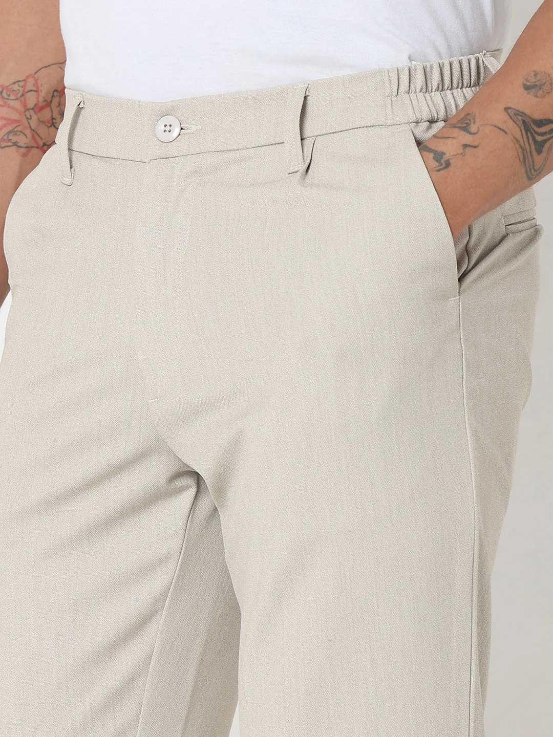 Spykar Beige Slim Fit Cotton Trouser For Men