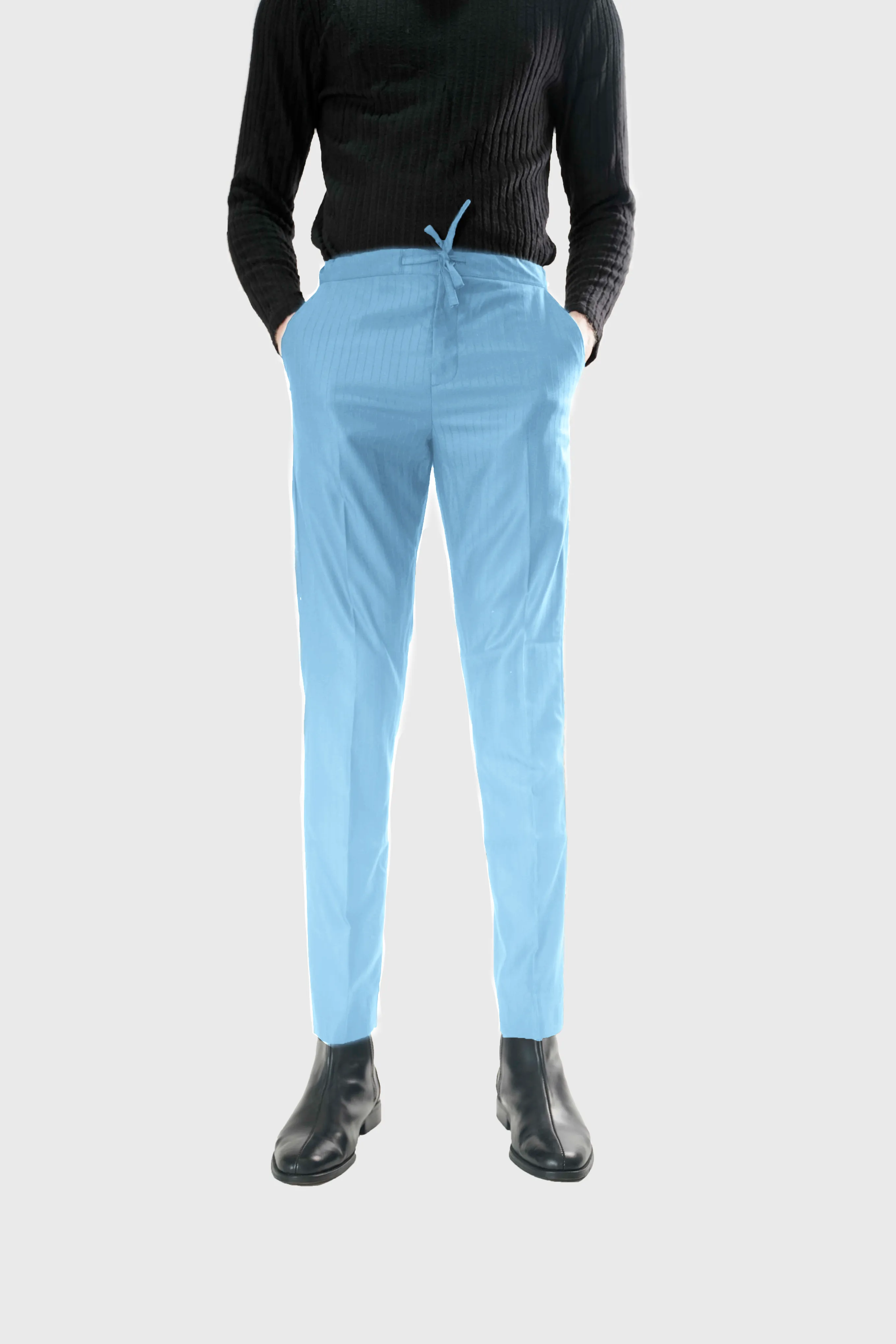 Standard Length Long Sleeve Wool Pants in Double Blue Pinstripe