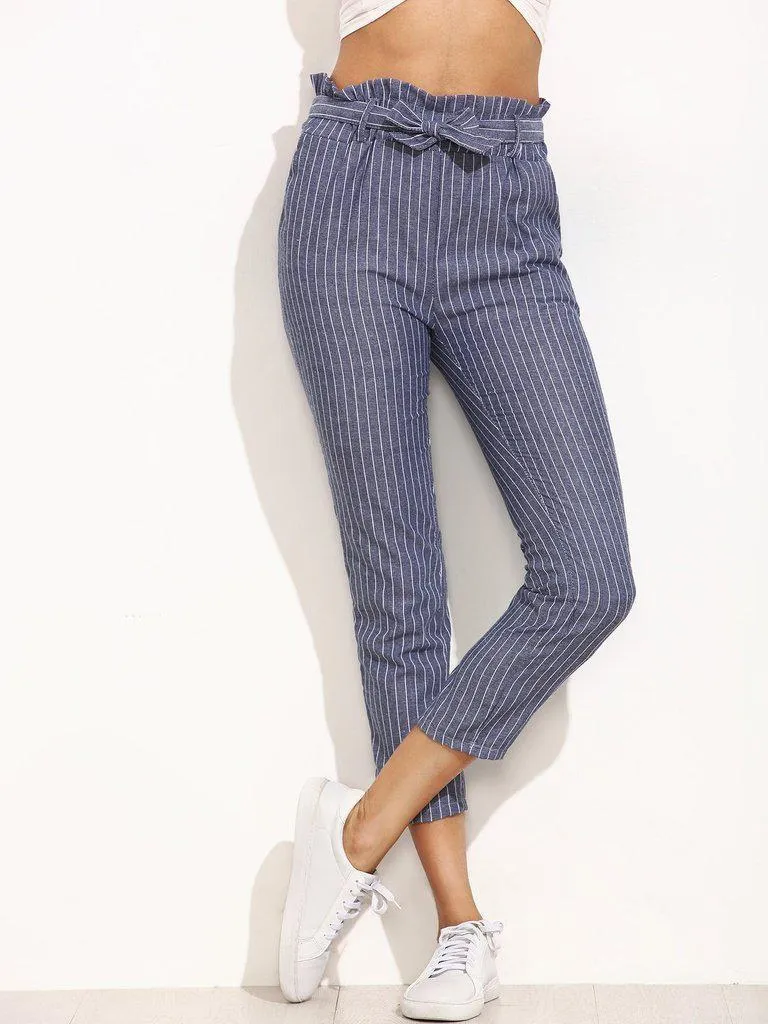 Striped Ruffled Waist Self Tie Pants