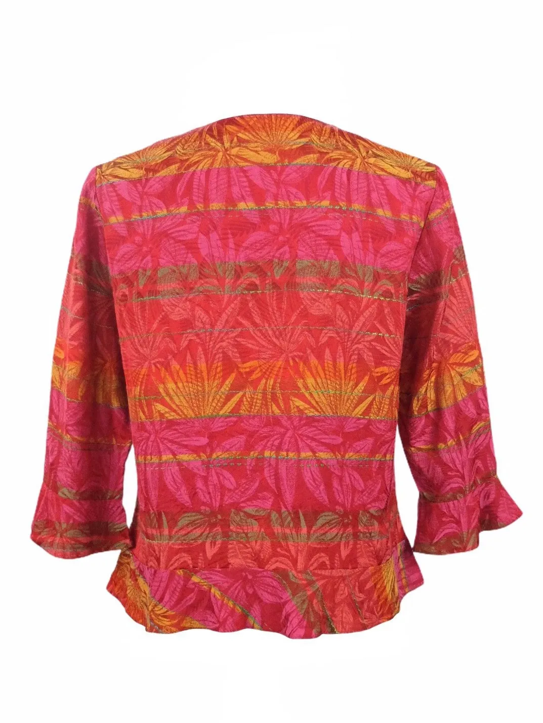 Vintage 80s Bright Pink Bohemian Tropical Abstract Floral Print Ruffled Embroidered 3/4 Sleeve Button Down V-Neck Blouse