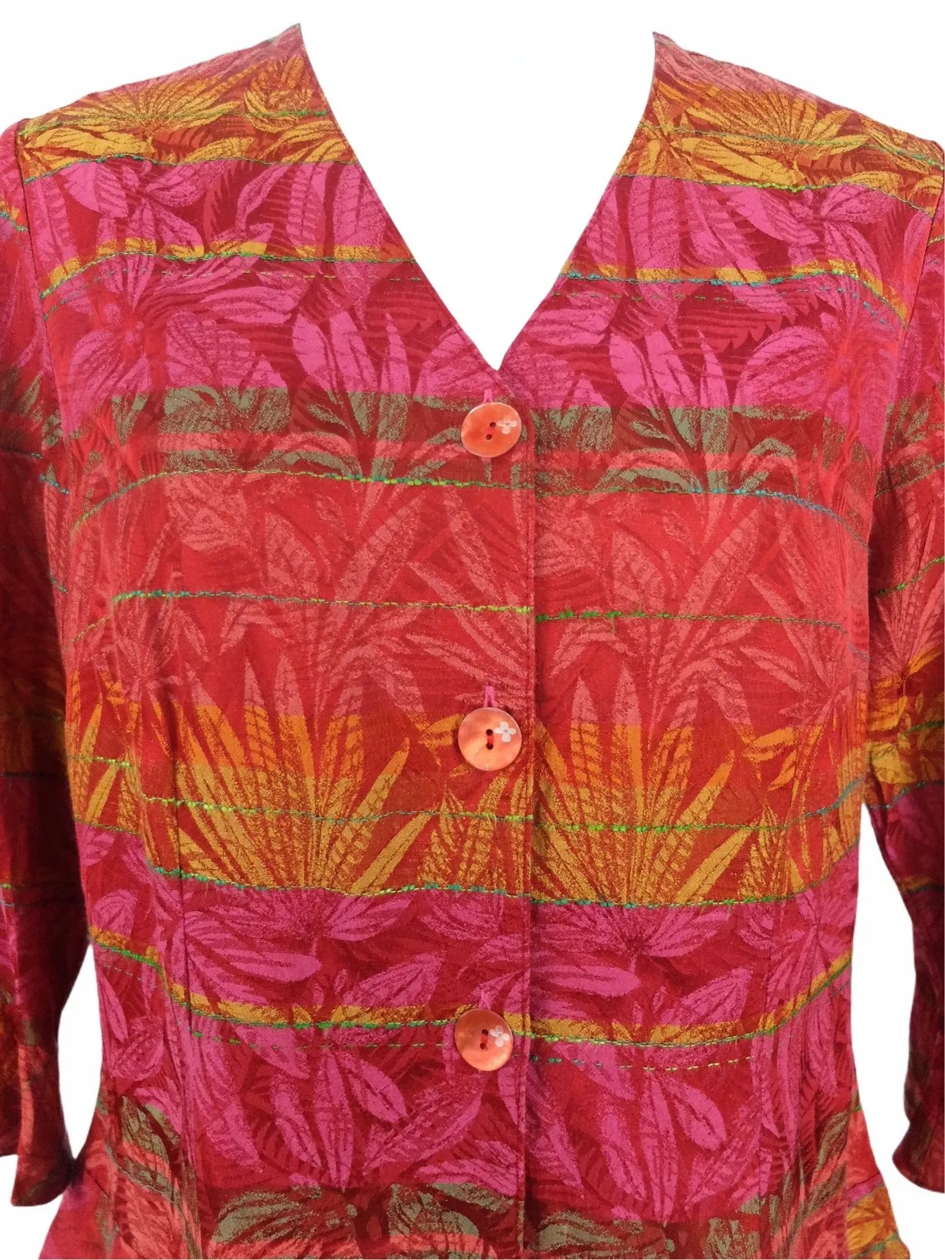 Vintage 80s Bright Pink Bohemian Tropical Abstract Floral Print Ruffled Embroidered 3/4 Sleeve Button Down V-Neck Blouse