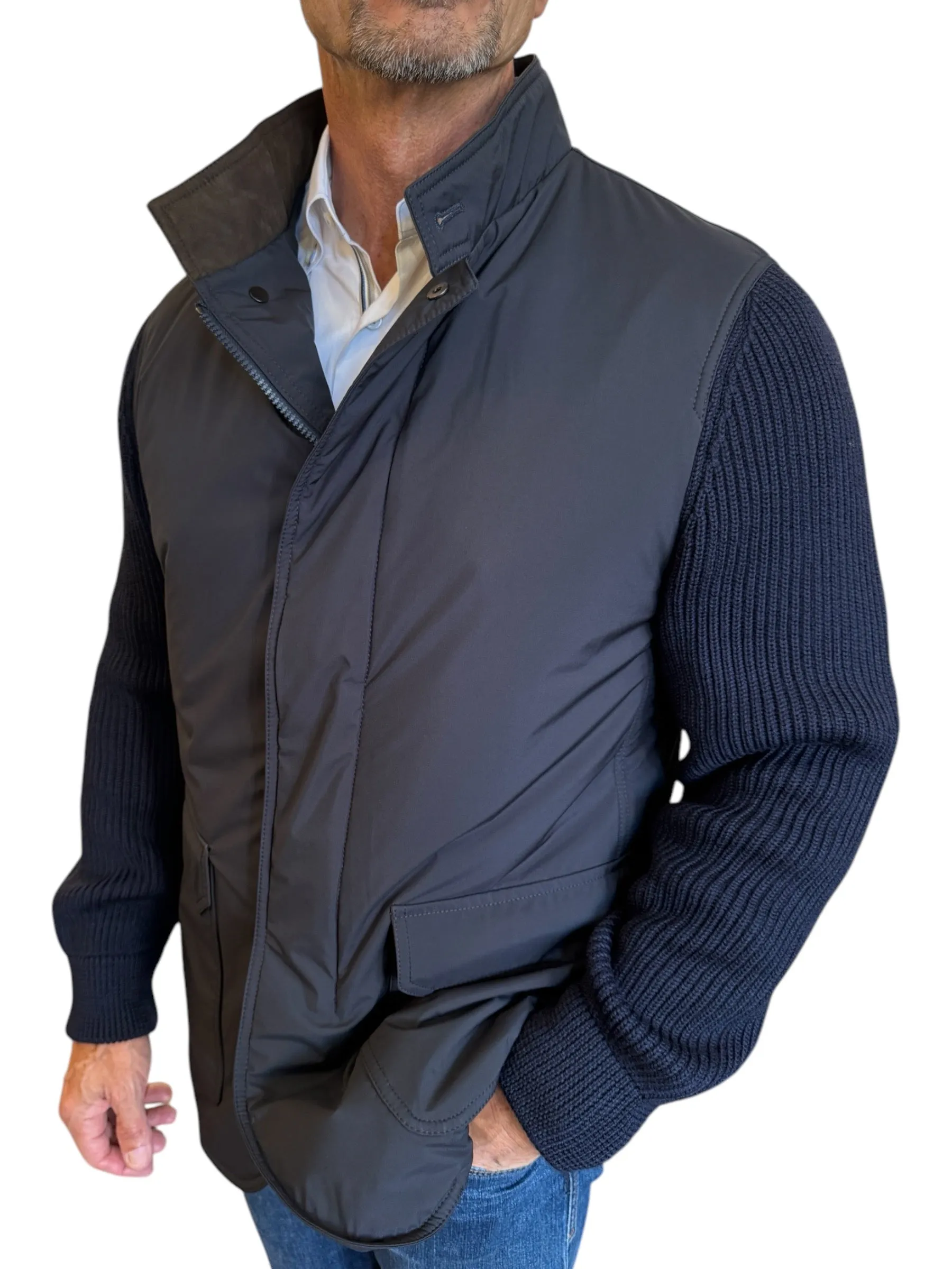 Waterville Arn Nylon Coat with Knit Sleeves Navy