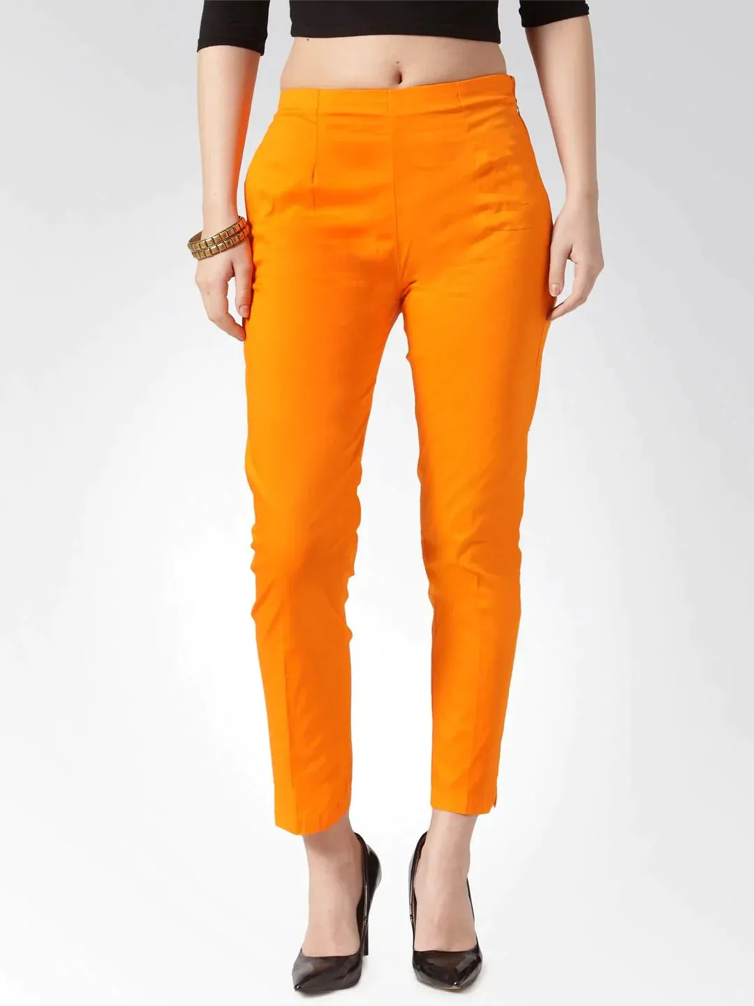 Women Orange Smart Slim Fit Solid Regular Trousers