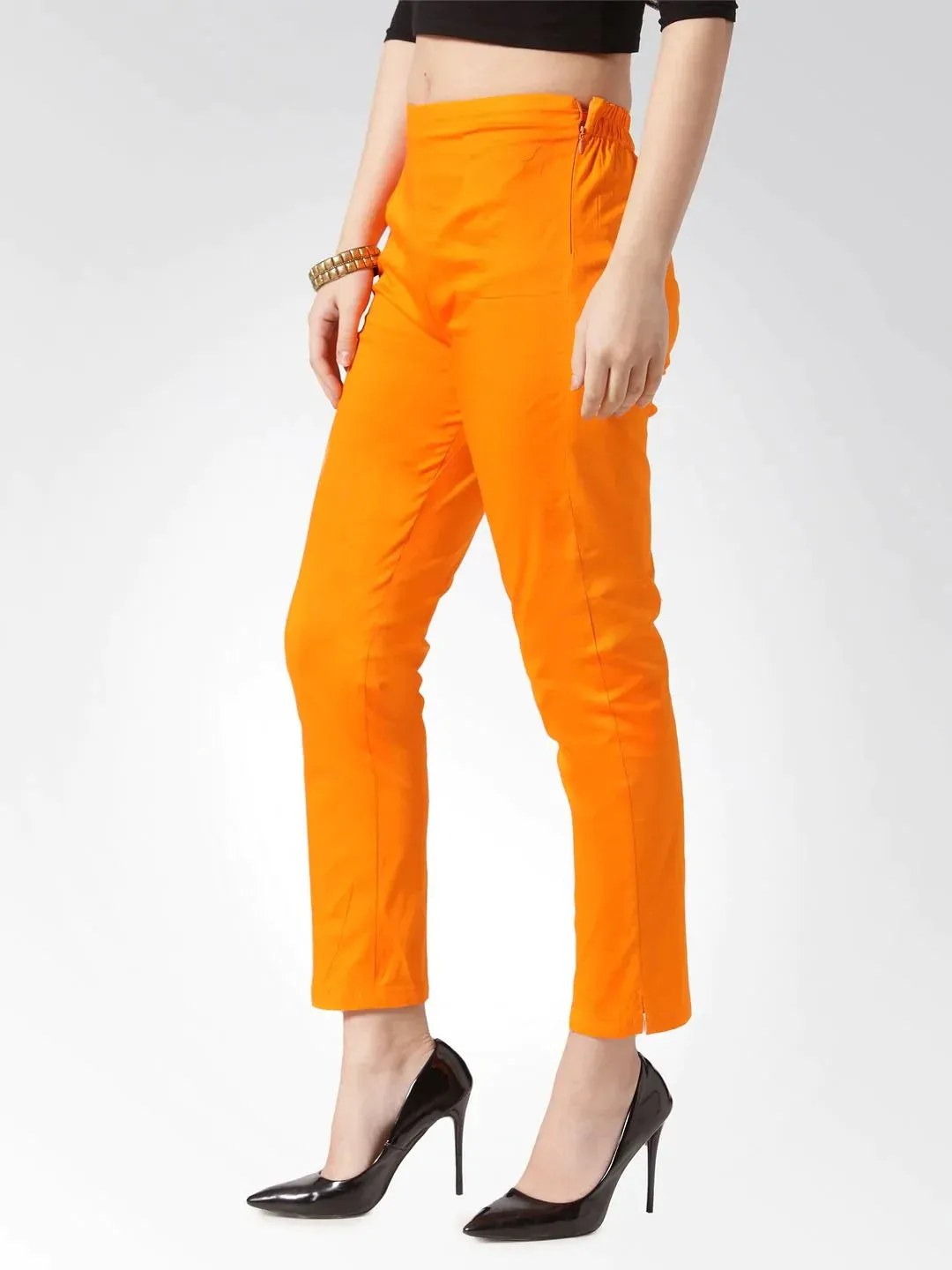 Women Orange Smart Slim Fit Solid Regular Trousers