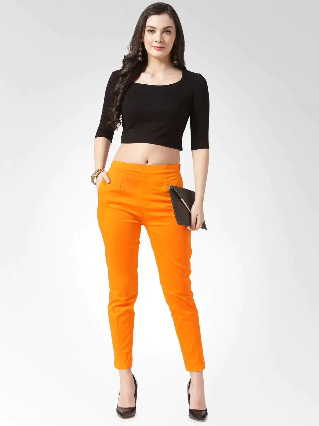 Women Orange Smart Slim Fit Solid Regular Trousers