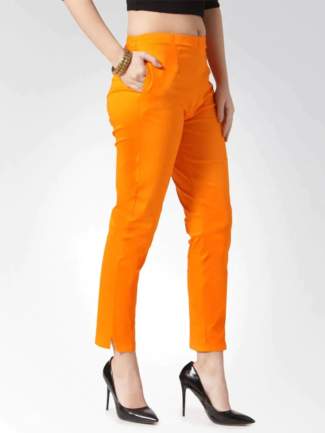 Women Orange Smart Slim Fit Solid Regular Trousers