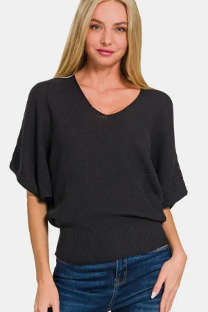 Zenana V-Neck Short Sleeve Dolman Sweater